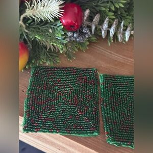 Vintage 1973 Handmade Green and Red Beaded Coasters - Set